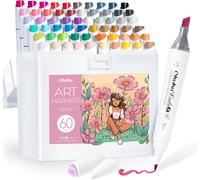 Jexnovashop-Feutres Alcool, 60 +1 Couleurs Pointe Pinceau & Pointe Large Fine Estompe Sans Couture Encre Rechargeable Feutre À Alcool Pour Les Artistes Coloriage Calligraphie Dessin Illustration - Ka