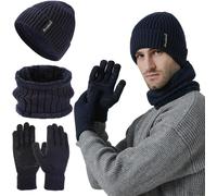 Jexnovashop-Hiver Bonnet Écharpe Gants Ensemble Homme, Chaud Bonnet Écharpe Doublé Polaire Et Gants Écran Tactile Set Tricot Beanie Bonnet Écharpe Hiver Et Gants Thermiques Pour Ski 3 En 1 Set Hiver