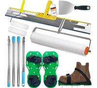 JEXNOVASHOP-Kit D'outils de Ciment Autonivelant, Rouleau Debulleur 11 mm, Chaussure a Pointe Ragreage 30 mm, Autonivelant Grattoirs, Perche Telescopique 162 cm (avec Rouleau Peinture et Spatule)