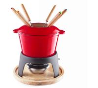 Jexnovashop-Lacor - 71711 - Service À Fondue En Fer Forgé Émaillé, Support En Fer Avec Base En Bois, Adapté À L'induction, 6 Fourchettes Ø 16,5 X 10 Cm (1,7 Litres), Rouge