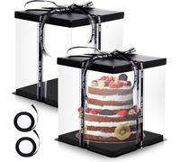 Jexnovashop-Lot De 2 Boîtes À Gâteau Transparentes 30 X 30 X 25 Cm Boîte À Gâteau De Qualité Supérieure Avec Socle Et Ruban Boîte Cadeau Réutilisable Transparente Pour Anniversaire, Mariage, Dess