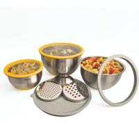 Jexnovashop-Lot De 3 Bols En Inox Avec Couvercles En Verre + 3 Râpes Intégrées Cul De Poule Inox 4 En 1 Empilables Idéal Repas, Pique-Nique, Préparation