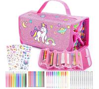 Jexnovashop-Malette Dessin Enfant Marqueurs Crayons De Cire, Cadeau Fille 3-10 Ans - 48 Pinceaux Et Autocollants - Imperméable Et Facile À Nettoyer - Cadeaux De Noël (Rose)