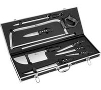 Jexnovashop-Mallette Coutellerie Du Boucher 9 Pièces - Couteaux De Boucher, Scie, Aiguiseur - Acier Inoxydable 420j2 - Mallette Aluminium - Logo Gravé, Noir,Argent