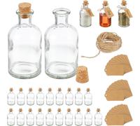 JEXNOVASHOP-Mini Bouteilles, Lot de 24, Petites fioles, Bouchon de liège, 125ml, à remplir, étiquettes, Transparent/Nature