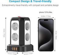 JEXNOVASHOP-Multiprise Parafoudre avec 8 Prises, 3 USB-A&1 USB-C, Tour Multiprise avec Interrupteur, Secteur avec Rallonge Electrique 1.8M, Prise Multiple pour Bureau et Maison