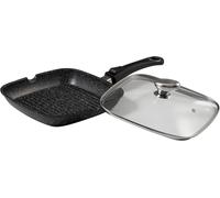 JEXNOVASHOP-Poêle Grill 24 x 24 cm - Fonte d'Aluminium Façon Pierre - Revêtement Anti-Adhésif - Manche Amovible - Couvercle Verre - Tous Feux dont Induction, Noir