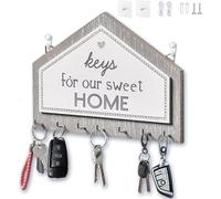 JEXNOVASHOP-Porte Clé Mural en Bois à 7 Crochets, Autocollant ou Perforateur Porte Clef Mural d'installation à 2 Voie, Porte Cles Murale, Accroche Clé Mural pour la Maison (Gris)