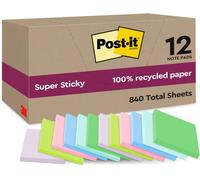 Jexnovashop-Post-It Notes Autocollantes Super Sticky, Recyclés, Pack De 12 Blocs, 70 Feuilles Par Bloc, 47.6 Mm X 47.6 Mm - Notes Autocollantes Fabriquées À Partir De Papier 100% Recyclé