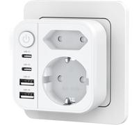 JEXNOVASHOP-Prise Multiple 6-en-1, Multiprise avec 2 Ports USB A & USB C, Prise Murale avec Interrupteur (4000W/16A), Double Prise pour Maison/Bureau/Voyage