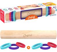 JEXNOVASHOP-Rouleau à Pâtisserie Ajustable en Bois - 3 Anneaux en Silicones Amovibles pour 3 Différentes Épaisseurs de Pâtes - 7mm, 5mm et 3mm - Des Recettes Inclus - Dès 4 ans
