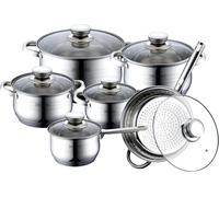 Jexnovashop-Royalty Line, Ensemble De 12 Pièces, Batterie De Cuisine En Acier Inoxydable, Poêle À Frire Ø 24 Cm, Casseroles Ø 16, 18, 20, 24 Cm Avec Couvercles En Verre, Tous Feux, Argent