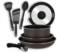 Jexnovashop-Set De 8 Pièces Iris - 1 Casserole 20cm + 2 Poêles 24/28cm + 1 Couvercle 20cm + 1 Poignée Amovible + 1 Cuillère + 2 Spatules Ajourées - Compatible Tous Feux Dont Induction - 6020450