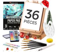 Jexnovashop-Set De Peinture Aquarelle 36 Pièces - Cadeau Kit D' Aquarelle Pour Débuter - Boite 2-En-1 Rangement Et Chevalet, Palette Aquarelle En Godet 24 Couleurs, 6 Pinceaux, 1 Pad (12 Feuilles) Et