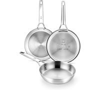 Jexnovashop-Signature Lot De 3 Poêles En Acier Inoxydable 18/10 Professionnel Sans Revêtement Antiadhésif, Triple Fond Diffuseur, Tous Feux Dont Induction, Finition Polie Brillante, 20-24-26 Cm