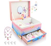 Jexnovashop-Sirène Boîte À Bijoux Fille, Boite Musique Enfant Avec Miroir, Boîte À Musique Avec 4 Parure De Bijoux Et Protege Angle, Sirene Cadeau D'anniversaire Pour 3-10 Ans