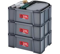 JEXNOVASHOP-SUNDIS Master Box, lot de 3 bacs de rangement 27L en plastique recyclé, robustes et renforcés, parois droites, superposables et combinables, idéals pour l¿atelier, le bricolage ou le tran