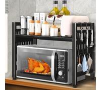 JEXNOVASHOP-Support de Four à Micro-Ondes Extensible, Grille pour Four Micro-Ondes Étagère à Micro-Ondes Extensible avec 6 Crochets, Support pour Micro-Ondes à 2 Niveaux, Support Micro Onde