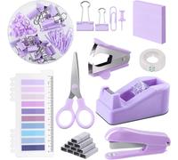 Jexnovashop-Sweet Violet Kit De Fournitures Bureau 9 Pièces Incluant Agrafeuse, Distributeur De Ruban, Détache-Agrafes, Onglets, Ciseaux, Agrafes, Ruban Adhésif, Clips Et Notes Adhésives Idéal Pour