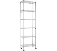 JEXNOVASHOP-tagère en Fil métallique à 6 Niveaux avec roulettes, réglable en Hauteur, étagère de Rangement Robuste avec Crochet pour Salle de Bain, Cuisine, Garage, Chambre à Coucher, Argent