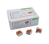 JEXNOVASHOP-Terminal enfichable à 3 voies avec levier pour câbles rigides (0,2-4 mm²) et flexibles (0,14-4 mm²) à rouvrir, transparent/orange, contenu : 50 pièces.