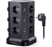 JEXNOVASHOP-Tour multiprise parafoudre et surtension(4000W/16A), Multiprise Electrique avec 6 Ports USB et 12 Prises, multiprise avec et 3 Interrupteurs, 2M Cordon, Noir