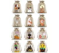 JEXOWIQ 12 Pièces Petits Sacs en Tissu,Sachet Coton,10 * 15cm Sac Toile de Jute avec Cordon de Serrage, Sachets en Lin Réutilisable pour Halloween, fête, Pochon Tissu pour Bijoux, Bonbons,