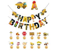 JEXOWIQ Decoration Gateau Anniversaire,Deco Gateau Anniversaire,Decoration Gateau Tracteur Tractopelle Grue,12 pcs D'excavatrice Topper de Gâteau Danniversaire Décorations,et 1 jeu de drapeaux à tirer