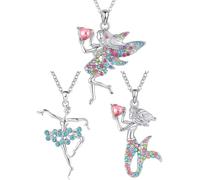 JEXOWIQ Pendentifs pour fille,3 Pièces Collier elfe,Collier pour Fille avec Collier fée des fleurs Collier Sirène Collier ballerine,Collier Strass Cristal de Bijoux Set,pour Enfants Filles Femmes
