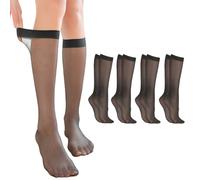 JEYORZY 4 paires chaussettes montantes en nylon pour femme, chaussettes pour femme unies sans pression, couleur chair et lissantes, avec haut confortable, taille unique, chaussettes en nylon noir