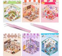JEYORZY 6 Pièces Sets Autocollants de Scène, 3D Stickers Scene Miniature, Amusants Autocollant 3D, DIY 3D Autocollants Maison, 3D House Stickers, Cafe, Boutique, avec 2 Pincette, pour Adultes, Enfants