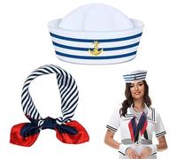 JEYORZY Ensemble de Costume Capitaine Marin, Ensemble Chapeau et Écharpe de Marin à Rayures, Casquette de Navire de Marin, Taille Unique, pour Halloween Cosplay D'Enterrement De Vie De Jeune Fille