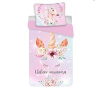 JF Licorne Parure de lit Enfant 100% Coton Housse de Couette 140x200 + Taie d'oreiller 70x90 cm Unicorn