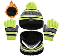 JFAN 3 en 1 Chaud Tricot Bonnet Enfant Hiver Chapeau Echarpe Gants Ensemble Lot de 10 Motifs Rayures Mignonne Multicolore Ski Cap Taille unique Vert rayé