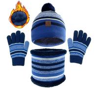 JFAN 3 en 1 Chaud Tricot Bonnet Enfant Hiver Chapeau Echarpe Gants Ensemble Lot de 5 Motifs Rayures Mignonne Multicolore Ski Cap Taille unique Bleu rayé