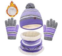 JFAN 3 en 1 Chaud Tricot Bonnet Enfant Hiver Chapeau Echarpe Gants Ensemble Lot de 7 Motifs Rayures Mignonne Multicolore Ski Cap Taille unique Violet rayé