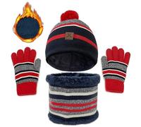 JFAN 3 en 1 Chaud Tricot Bonnet Enfant Hiver Chapeau Echarpe Gants Ensemble Lot de 8 Motifs Rayures Mignonne Multicolore Ski Cap Taille unique Rouge rayé