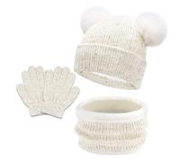 JFAN BéBé Filles Tricoter Bonnet ÉCharpe Ensemble Garçons Enfants Chaud Double Fausse Fourrure Pom Crochet Bonnet Chapeau De Bonnet,Taille unique,chapeau-blanc