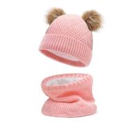 JFAN BéBé Filles Tricoter Bonnet ÉCharpe Ensemble Garçons Enfants Chaud Double Fausse Fourrure Pom Crochet Bonnet Chapeau De Bonnet,Rose,Taille unique