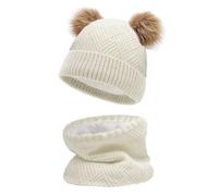 JFAN BéBé Filles Tricoter Bonnet ÉCharpe Ensemble Garçons Enfants Chaud Double Fausse Fourrure Pom Crochet Bonnet Chapeau De Bonnet,Blanc,Taille unique