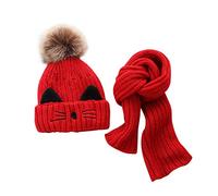JFAN Bonnet d'hiver avec ÉCharpe 2 pièces BéBé Filles Tricoter Bonnet ÉCharpe Ensemble Garçons Enfants Chaud Double Fausse Fourrure Crochet Bonnet Chapeau De Bonnet(Rouge),Taille Unique