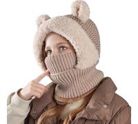 JFAN Bonnet e Écharpe Tricot Enfant Chaud in Polaire Hiver Cagoule | 3 en 1 Bonnet Echarpe,Cagoule Set,avec oreilles de deux PomPon d'ourson,Mignon doux,Balaclava pour filles et garçon,3-8 ans