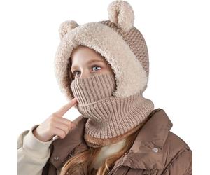 JFAN Bonnet e Écharpe Tricot Enfant Chaud in Polaire Hiver Cagoule | 3 en 1 Bonnet Echarpe,Cagoule Set,avec oreilles de deux PomPon d'ourson,Mignon doux,Balaclava pour filles et garçon,3-8 ans