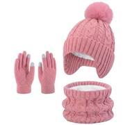 JFAN Ensemble Bonnet Echarpe Gants Enfant Hiver Chaud Tricoté Fille Garcon | Bonnet Tour de Cou Fille et Gants,Doublé Polaire,Chaud Coupe-vent,Chapeau avec Cache oreilles pour 2-8 ans Hiver en Plein Air