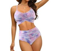 JFAN Femme Maillot De Bain Deux Pièces Gainant Ventre Plat Taille Haute Maillot De Bain Push Up Classique Bikini Ensemble Attaches Teinture Cravate Violette L
