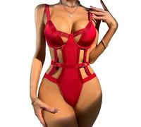 JFAN Lingerie Femme sous-Vêtement Body en Dentelle sans Manches Creuses Babydoll Soutien-Gorge Push Up Rouge L