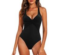 JFAN Maillot de Bain Femme 1 Pieces Gainant Contrôle Ventre Plat Col en V Maillot de Bain 1 Pieces Réglable Rembourré Swimsuit Push Up Swimwear Été Amincissant Monokini，Noir XXL
