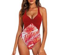 JFAN Maillot de Bain Femme 1 Pieces Gainant Contrôle Ventre Plat Col en V Maillot de Bain 1 Pieces Réglable Rembourré Swimsuit Push Up Swimwear Été Amincissant Monokini，Rouge L