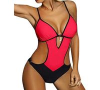 JFAN Maillot de Bain Femme 1 Pieces Sexy String Col V Halter Monokini Plage Bikini Lace Up Imprimé Maillot Une pièce rembourré Push-up Bikini Trikini Beachwear Été,Rosa Rossa Taille XXL