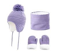 JFAN Motif Vague De Diamant Chapeau pour Enfants avec éCharpe et Gants - Ensemble De 3 Pièces BéBé d'Hiver Chaud - Violet L